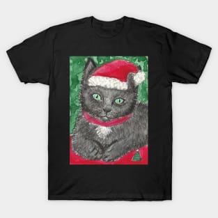 Cute kitten in Santa hat Christmas art T-Shirt